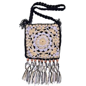 Boho Crochet knit shoulder bag handmade crossbody tassel beaded black purple